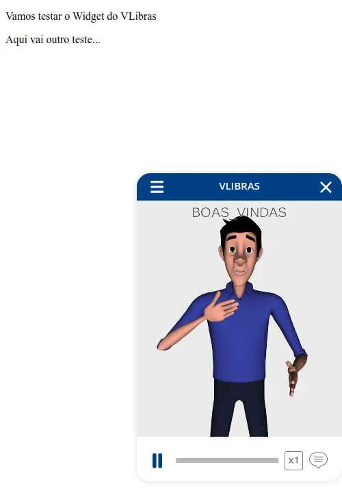 Página de teste com o painel do VLibras aberto, exibindo o avatar e a mensagem Boas-vindas