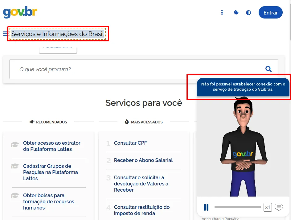 Portal gov.br com o texto Serviços e Informações do Brasil destacado e o avatar do VLibras exibindo a mesma mensagem de erro de conexão